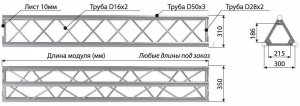 АЛЮМИНИЕВЫЕ И СТАЛЬНЫЕ КОНСТРУКЦИИ IMLIGHT T50/35-3500 прямой модуль треугольной конфигурации длиной 3500мм, d50х3 \ d16х2мм. Крепежный размер 215мм, М10. Рисунок перемычек круговой.