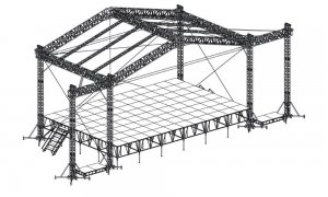 АЛЮМИНИЕВЫЕ И СТАЛЬНЫЕ КОНСТРУКЦИИ IMLIGHT СК 14,4X9,6-8Z1 ТР сценический комплекс с незамкнутым коньком с размером подиума 14,4 х 9,6 м, с ручной талью и звуковыми порталами.