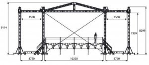АЛЮМИНИЕВЫЕ И СТАЛЬНЫЕ КОНСТРУКЦИИ IMLIGHT СК 9,6X7,2-8Z1 ТР PRO сценический комплекс на ручных талях с порталами, 9.6х7.2м H=8м, подиум, лестницы, тентовое полотнище